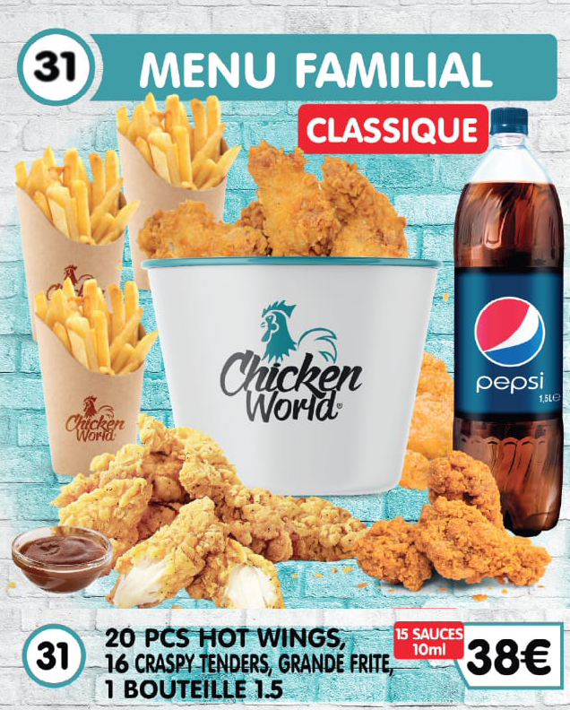 20 Pcs Hot Wings 16 Craspy Tenders Grande Frite 1 Bouteille 15L