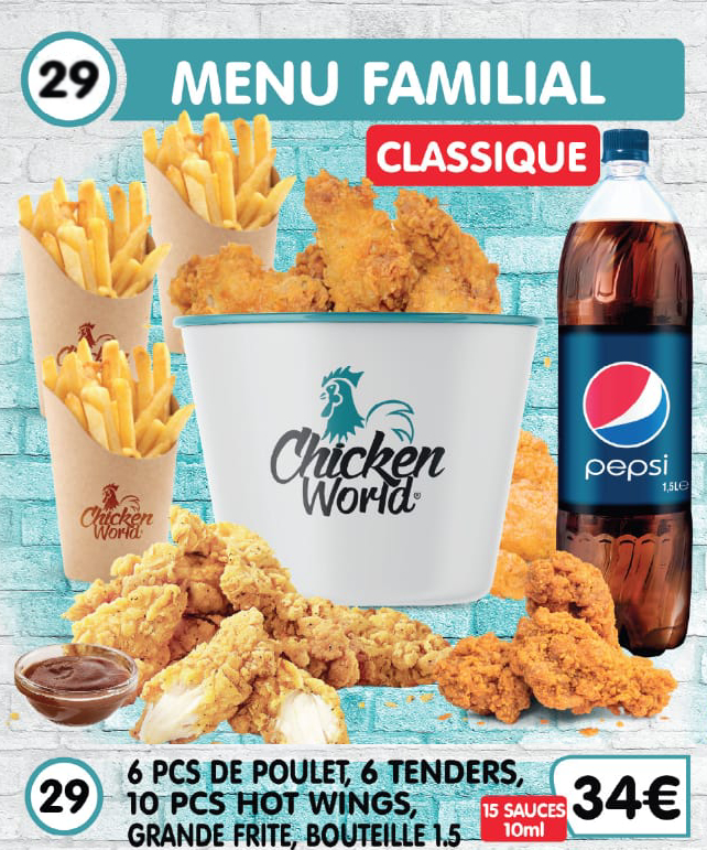 6 Pcs De Poulet 6 Tenders 10 Pcs Hot Wings Grande Frite 1 Bouteille 15L